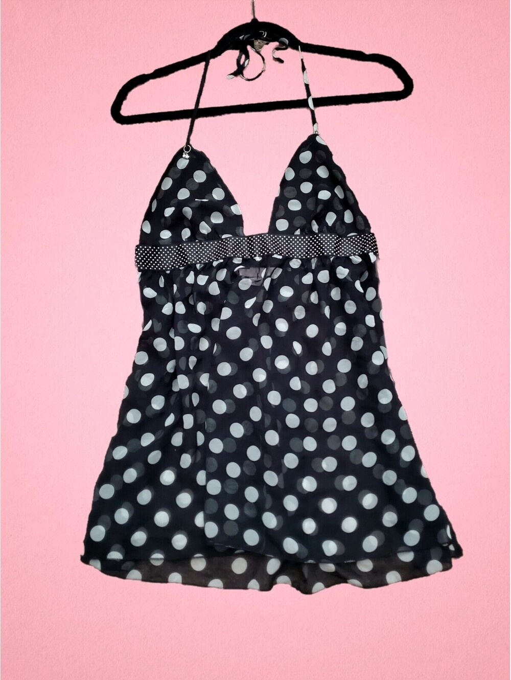 Victorias Secret Y2k Babydoll Polka Dot Lingerie Top Black Sheer W/charms